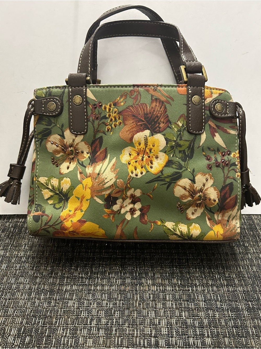 Caribbean Joe Olive Green Floral Hand Bag with Leather & Beads